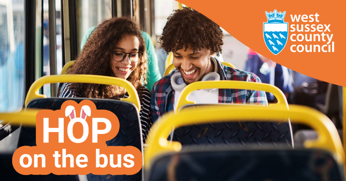 'Hop on the bus' with people on the bus looking at a phone