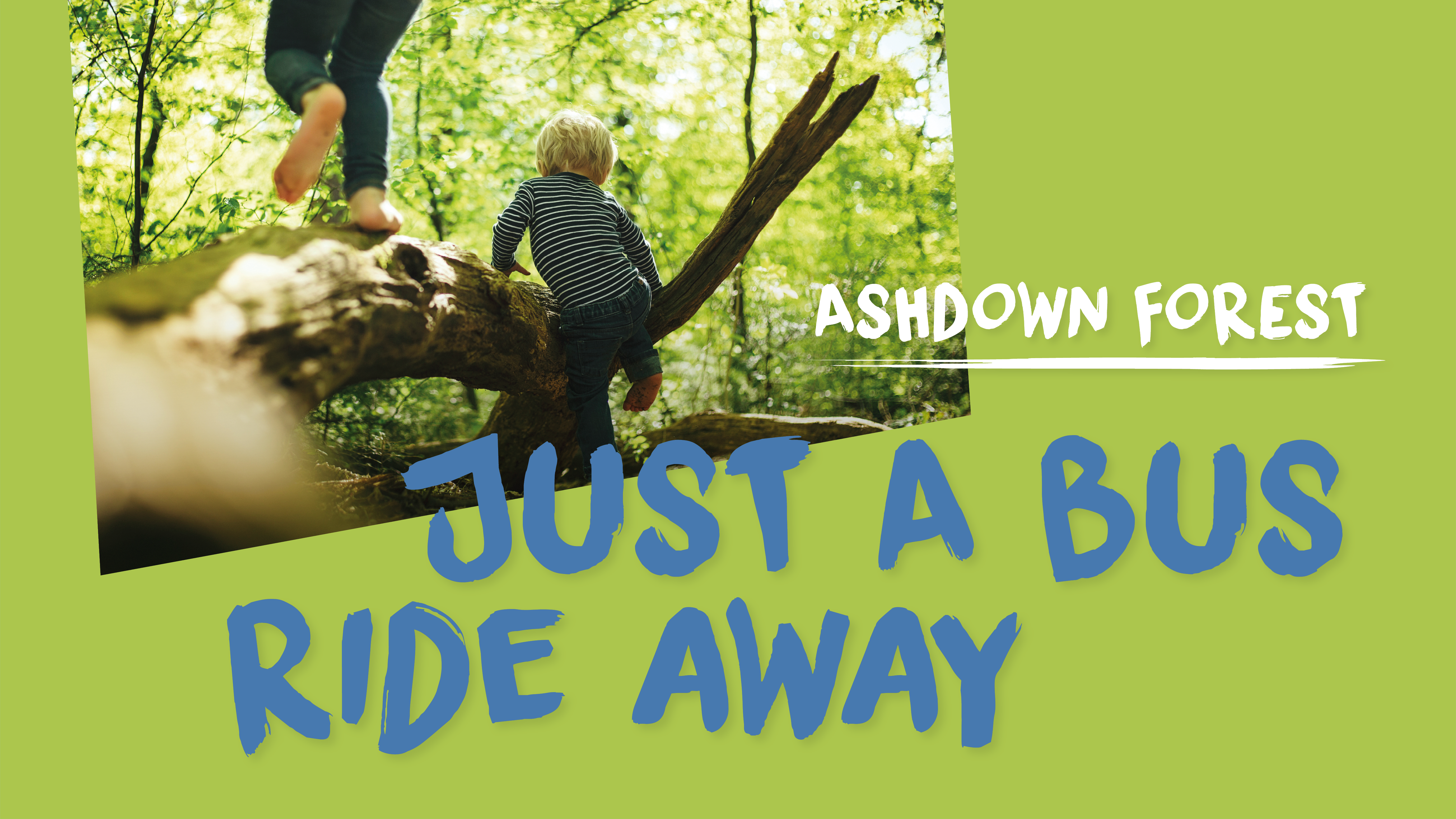 Text that reads 'Ashdown Forrest just a bus ride away' with a child in the woods.