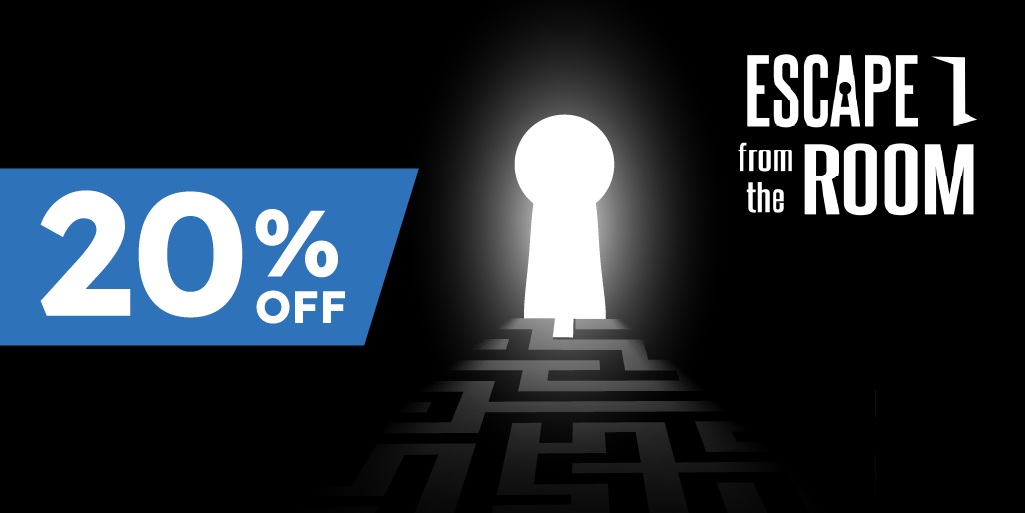 image of a keyhole with a maze, and text reading 'escape from the room' and '20% off'