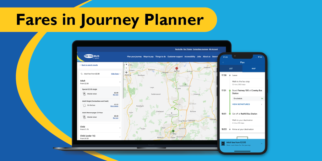Illustration of an open laptop and phone facing frontward with the words 'Fares in Journey Planner' in a yellow lozenge on a light blue background with the Journey Planner displayed on their screens 
