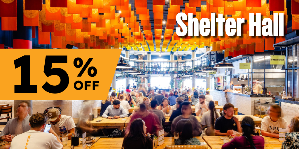 busy dining hall with '15% off' overlaid