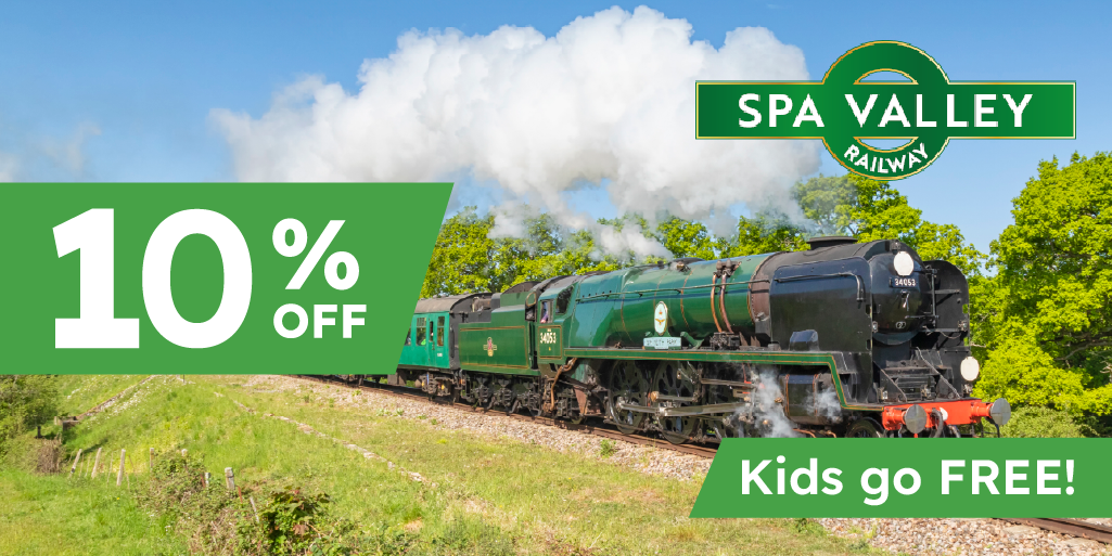 green steam train with the spa valley logo and discount info overlaid