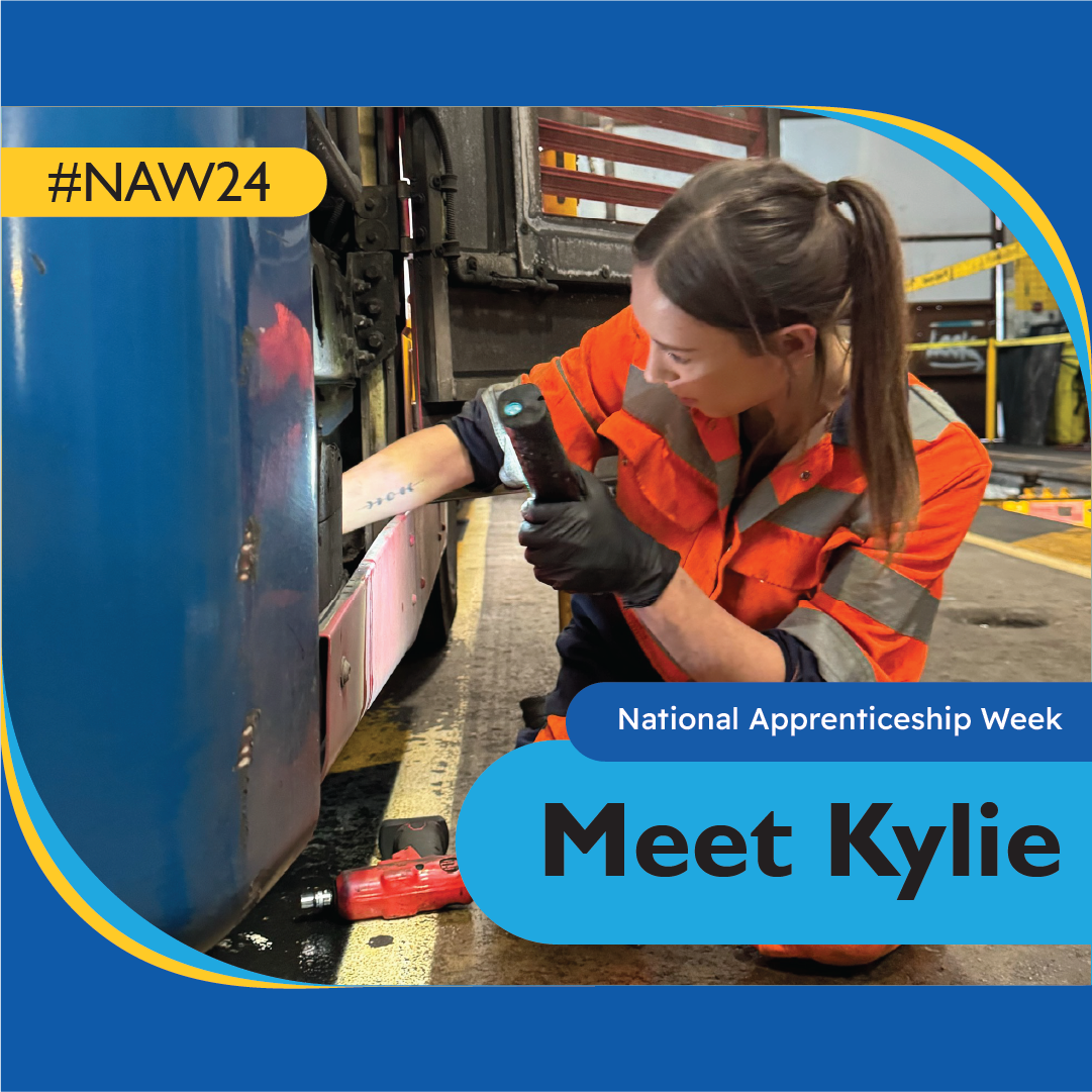 Person wearing high-vis fixing an engine of a bus with the words 'Meet Kylie' and 'National Apprenticeship Week' 