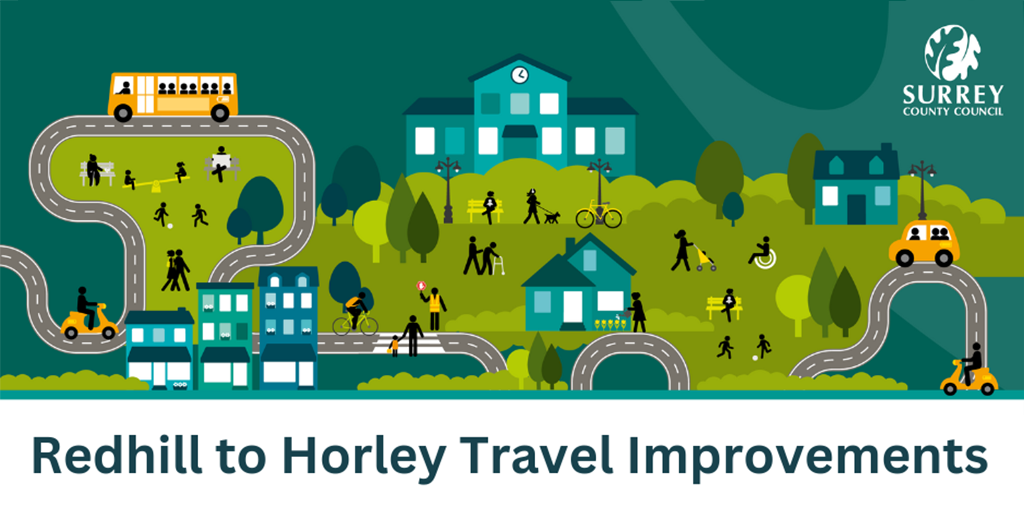 Graphic of streets, buildings and people with text saying Redhill to Horley Travel Improvements