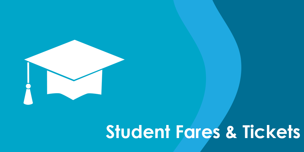Icon of a graduation hat with text that reads "Student Fares & Tickets"