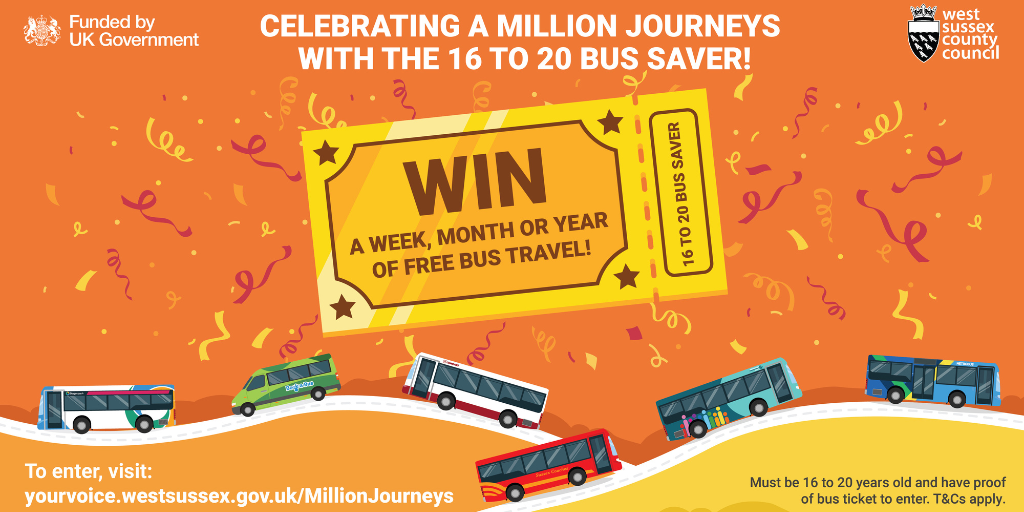 a floating golden ticket saying 'win' with cartoon buses driving along the bottom of the picture