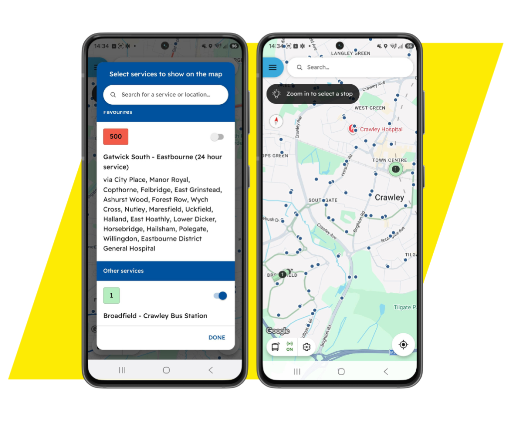 2 app screenshots showing 500 favourited, but 1 toggled onto the map view 