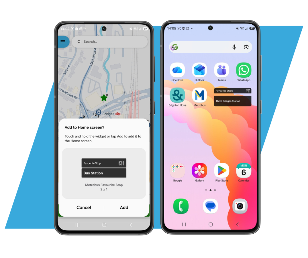 2 app screenshots showing the app asking if you want to add your favourite route to your homescreen, then the route being on the homescreen